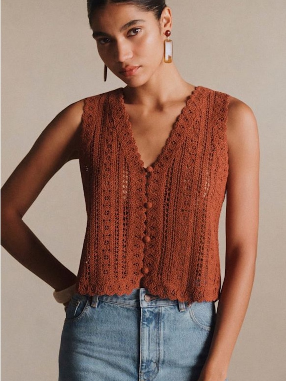 Sezane PALMINA BLOUSE Mahogany Crochet Button-Front Sleeveless cotton Top